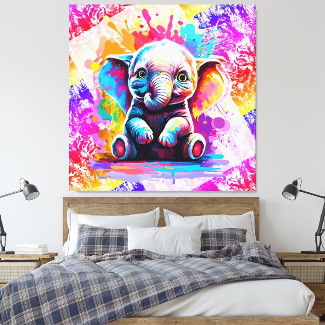 Lienzo Cute Baby Elephant - Pintura de elefantes colorido (Insitu(Dormitorio))