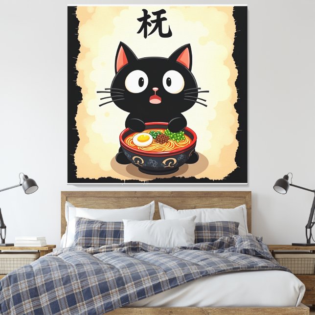 Lienzo  Cute Black Cat Ramen – Kawaii Japanese Noodle Art (Insitu(Dormitorio))