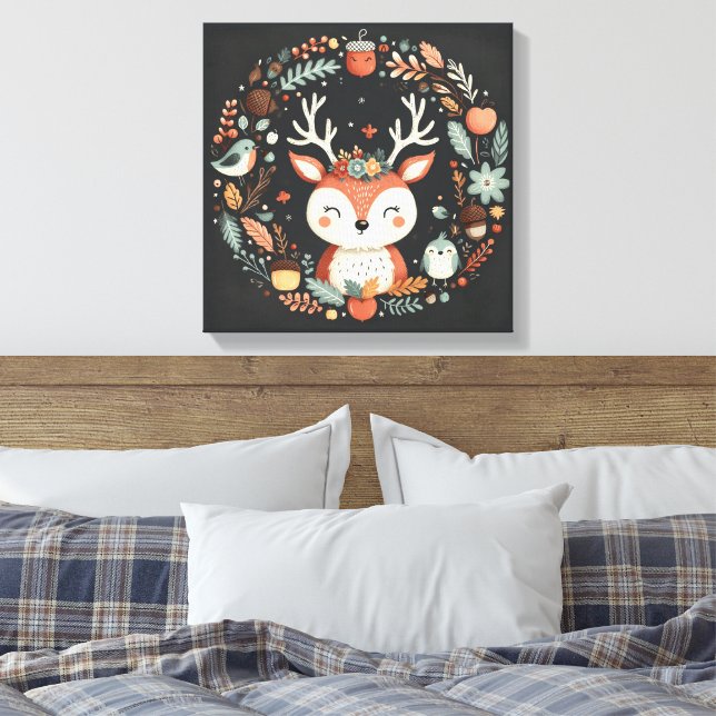 Lienzo Cute Boho Autumn Deer wreath Wall Decal (Insitu(Dormitorio))