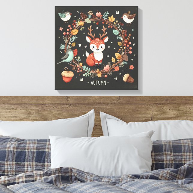 Lienzo Cute Boho Autumn Deer wreath Wall Decal (Insitu(Dormitorio))