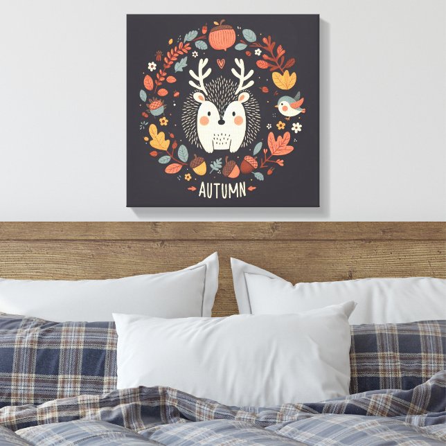 Lienzo Cute Boho Otumn Hedgehog wreath Wall Decal (Insitu(Dormitorio))