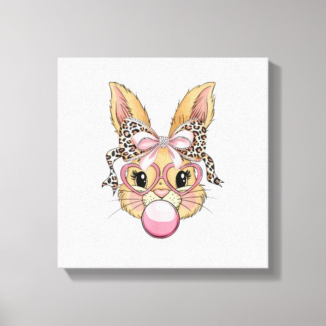 Lienzo Cute Bunny Rabbit Face Leopard Glasses Girl Happy  (Anverso)