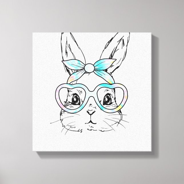Lienzo Cute Bunny Rabbit Face Tie Dye Glasses Girl Happy  (Anverso)