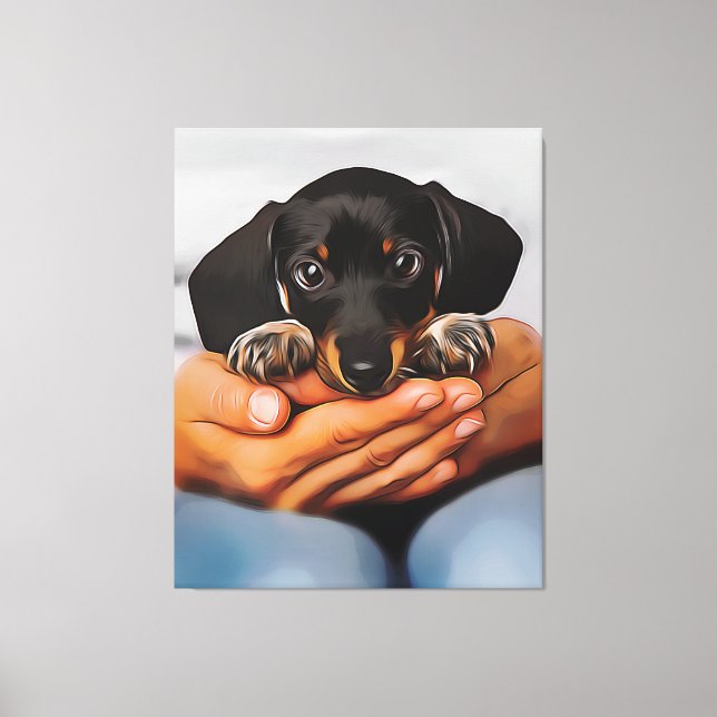 Lienzo Cute Dachshund Puppy Lying On Human Knees Xmas Pos (Anverso)