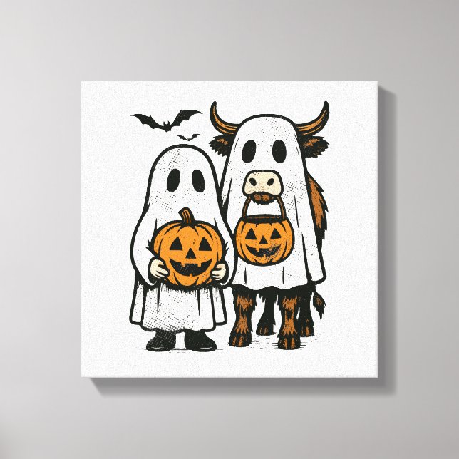 Lienzo Cute Fall Highland Cow Fantasma Halloween 2 (Anverso)