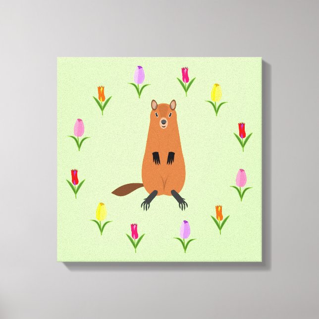 Lienzo Cute Groundhog y Tulip Flowers (Anverso)