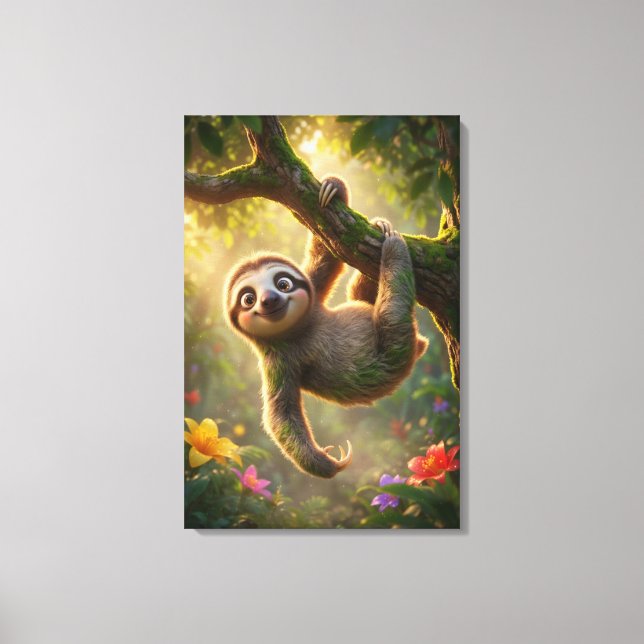 Lienzo Cute Hanging Sloth 3D Cartoon Jungle Canvas Print (Anverso)