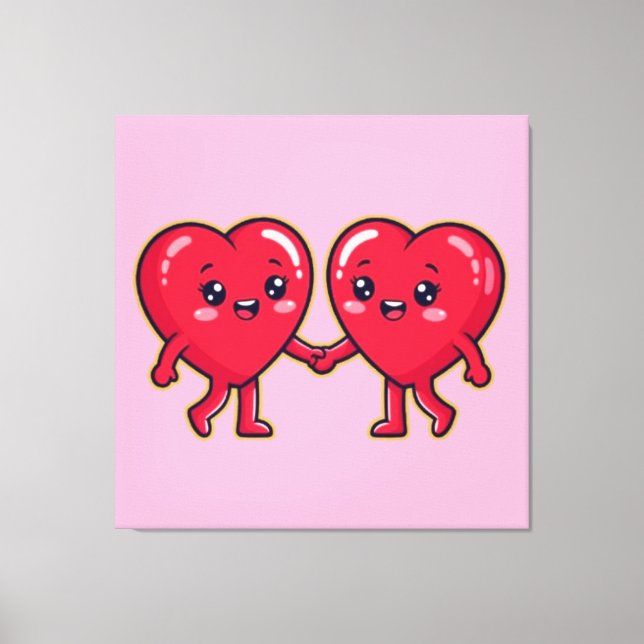 Lienzo Cute Heart Characters Holding Hands (Anverso)