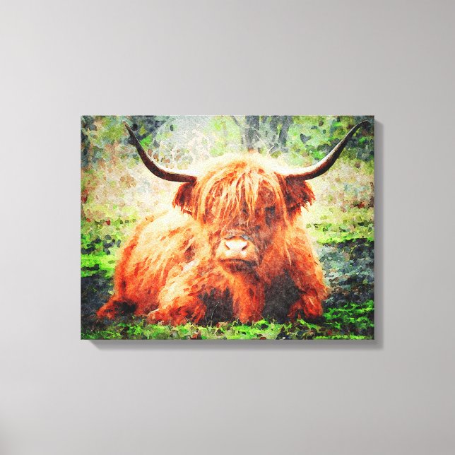 Lienzo Cute Highland Cow Watercolor Art Pintura (Anverso)