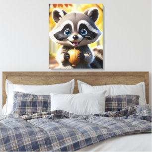 Lienzo Cute Kawaii estilo Racoon sosteniendo una bellota