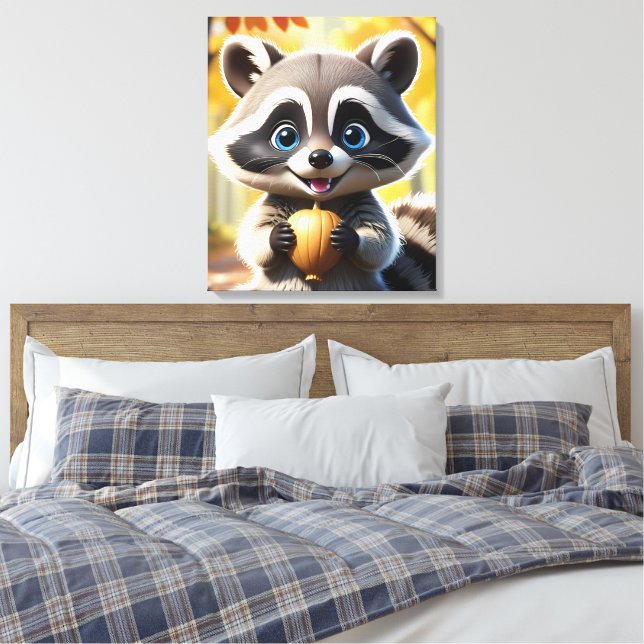 Lienzo Cute Kawaii estilo Racoon sosteniendo una bellota (Insitu(Dormitorio))