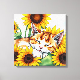 Lienzo Cute Napping Kitten and Sunflowers