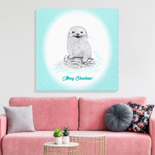Lienzo Cute Nutria Blanca de Mar Bebé, Feliz Navidad