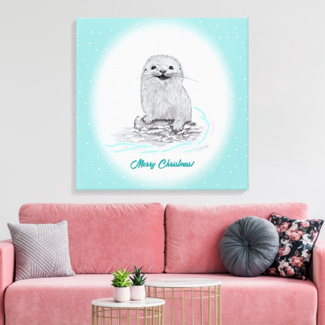 Lienzo Cute Nutria Blanca de Mar Bebé, Feliz Navidad (Insitu (Sala de estar))
