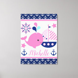 Lienzo Cute Patrón de ballena rosa y anclas náuticas