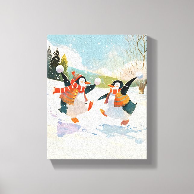 Lienzo Cute Pingüinos Jugando en Nieve Aquarela para Guar (Anverso)