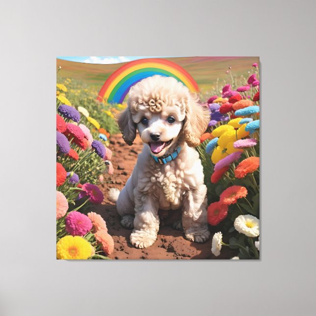 Lienzo Cute Poodle Flor colorida y arcoiris (Anverso)