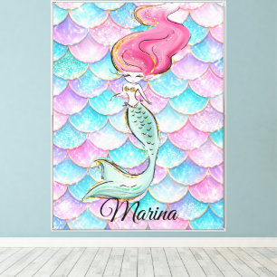 Lienzo Cute Princesa Sirena Pastel Rosa Escamas Acuáticas