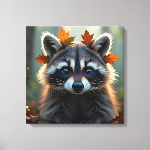 Lienzo Cute Raccoon en hojas otoño
