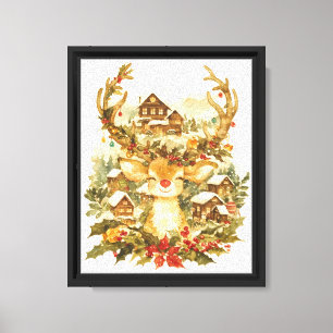 Lienzo Cute Reno Navideño Vintage Acuarela