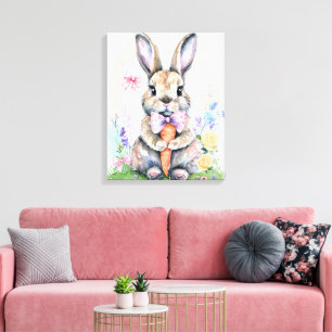Lienzo Cute rosa Pascua Conejo Huevo Huevo Acuarela