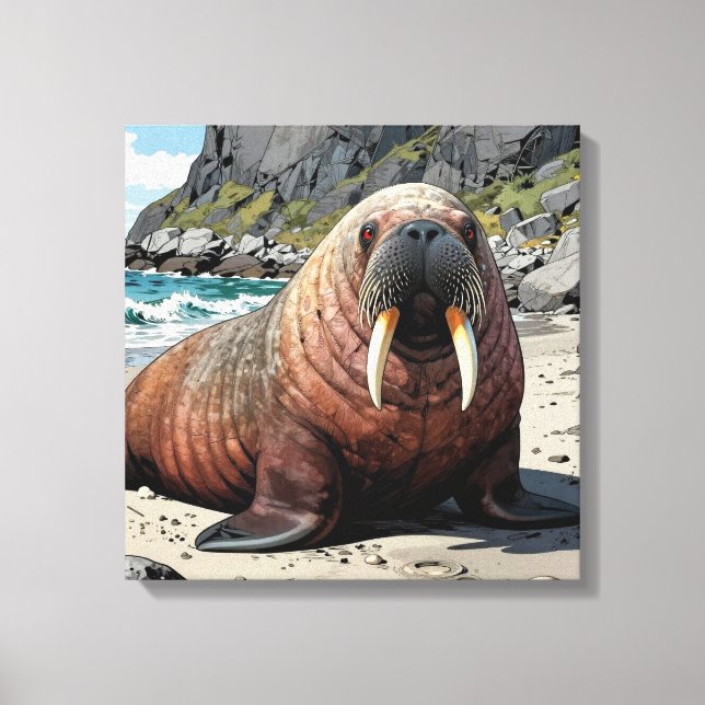 Lienzo Cute Walrus on a Sandy Beach  (Anverso)
