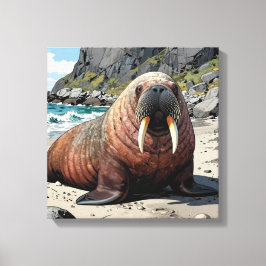 Lienzo Cute Walrus on a Sandy Beach 