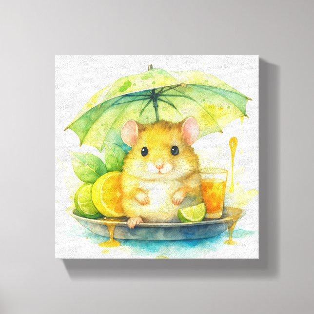Lienzo Cute Watercolor Mouse Under Umbrella Canvas Art ! (Anverso)