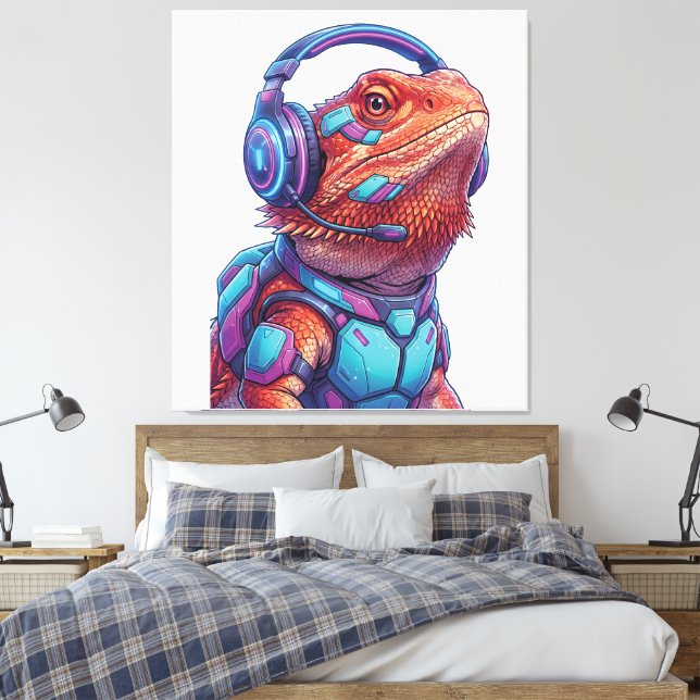 Lienzo Cyberpunk Bearded Dragon - Gamer Lizard with Heads (Insitu(Dormitorio))