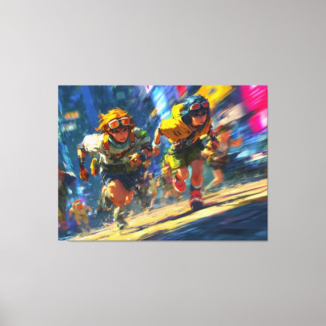 Lienzo Cyberpunk Runners Sprint Neon Rain City Action Art (Anverso)