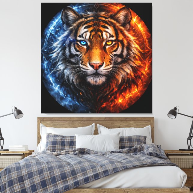 Lienzo Daagwear – Duality Tiger | Fire & Ice Spirit (Insitu(Dormitorio))