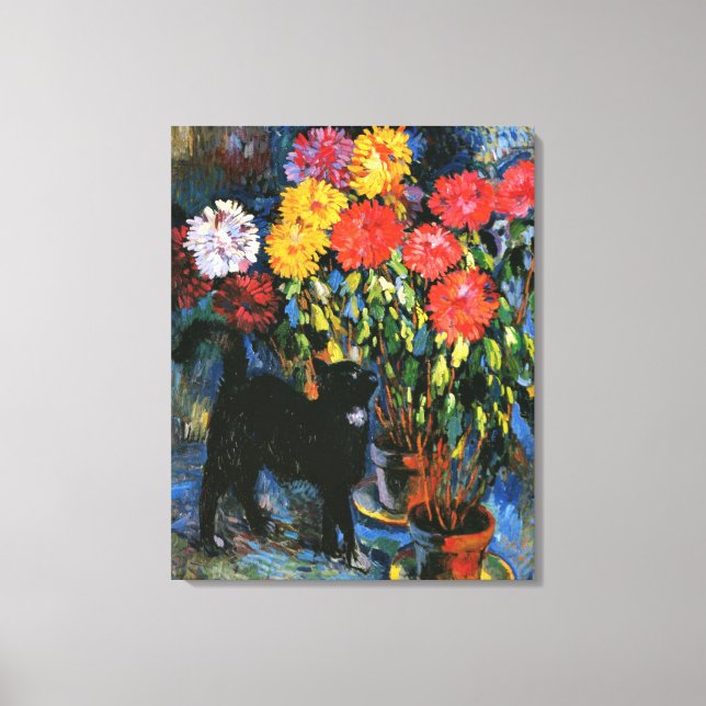 Lienzo Dahlias y Gato Negro, pintura artística fina, (Anverso)