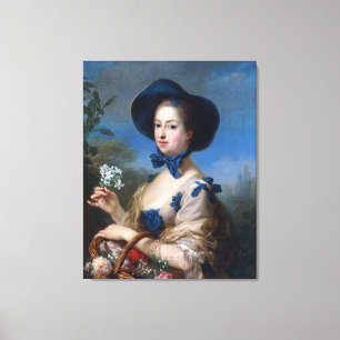 Lienzo Dama antigua con sombrero azul y cesta de flores