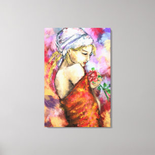 Lienzo Dama con Rosa - Pintura Original de Mujer Abstract