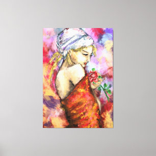 Lienzo Dama con Rosa - Resumen de pintura original para m