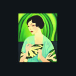 Lienzo Dama de Art Deco con ventilador en verde jade<br><div class="desc">Lienzo en un retrato moderno,  semi-abstracto,  Art Deco de una dama con kimono,  sosteniendo un ventilador,  sobre un fondo abstracto de color verde jade</div>
