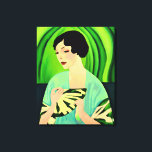 Lienzo Dama de Art Deco con ventilador en verde jade<br><div class="desc">Lienzo en un retrato moderno,  semi-abstracto,  Art Deco de una dama con kimono,  sosteniendo un ventilador,  sobre un fondo abstracto de color verde jade</div>
