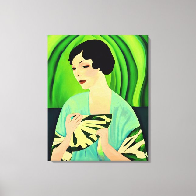 Lienzo Dama de Art Deco con ventilador en verde jade (Anverso)