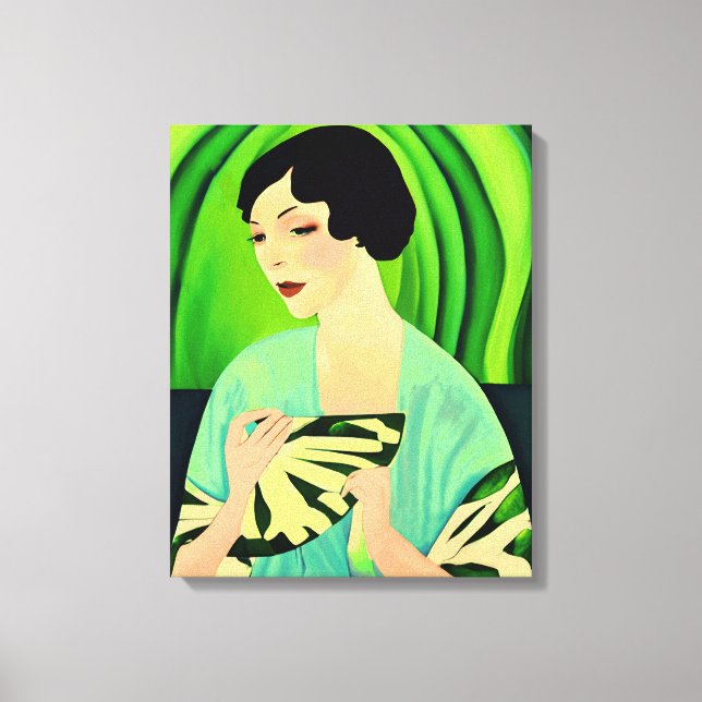 Lienzo Dama de Art Deco con ventilador en verde jade (Anverso)