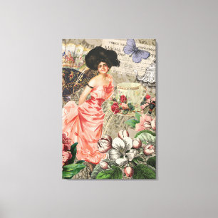 Lienzo Dama de Café Mujer Victoriana Rosa Vestido Rico