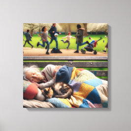 Lienzo Dama de casa tocando en un banco de un parque