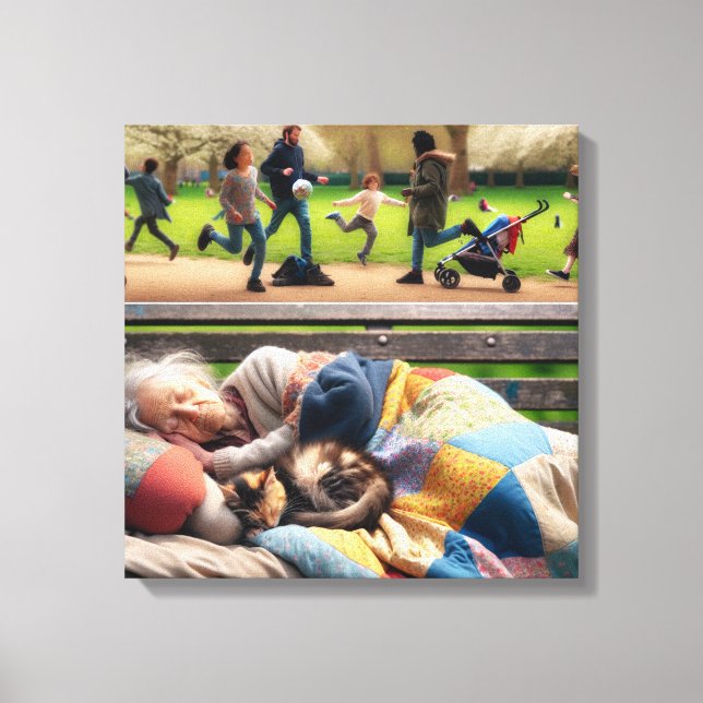 Lienzo Dama de casa tocando en un banco de un parque (Anverso)