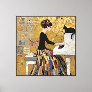 Lienzo Dama de Klimt al piano con gato negro en oro
