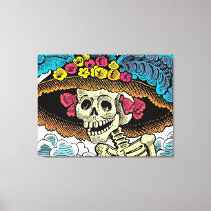Lienzo Dama de la Calavera Azucarada con Sombrero Floral