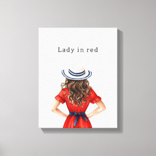 Lienzo Dama en vestido rojo cabello castaño
