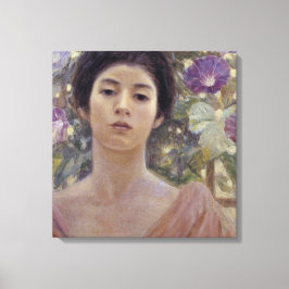 Lienzo Dama japonesa con flores moradas de gloria