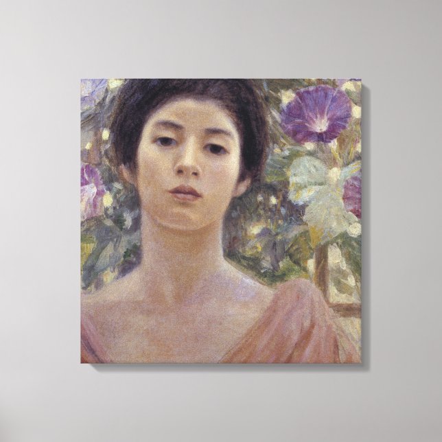 Lienzo Dama japonesa con flores moradas de gloria (Anverso)