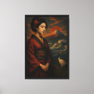 Lienzo Dama japonesa con Monte Fuji - Oriental