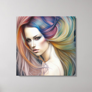Lienzo Dama Pastel Hermosa con Cabello Largo y Fluyente T