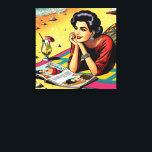 Lienzo Dama Retro en Beach Daydreaming sobre la moda<br><div class="desc">Mujer de arte pop retro con un vestido de mediados de siglo al estilo de los años 50 tomando un cóctel y soñando con la moda leyendo una revista en la playa.</div>
